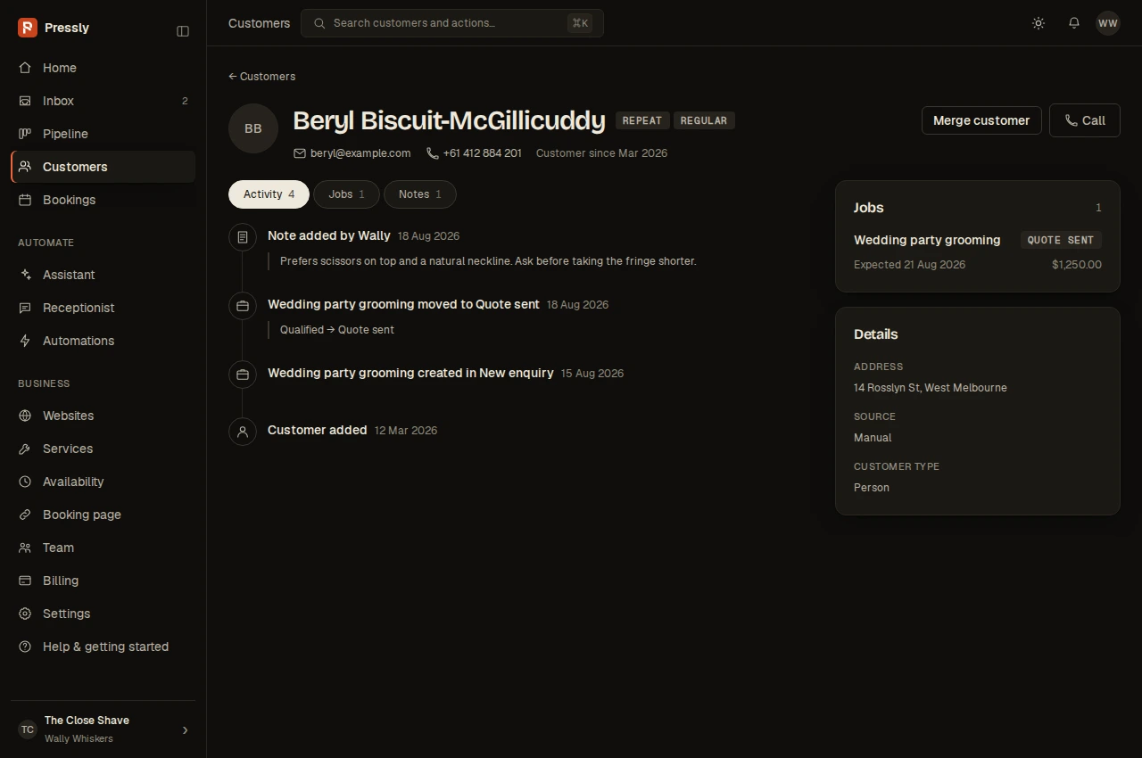 The real Pressly customer record with contact details and activity