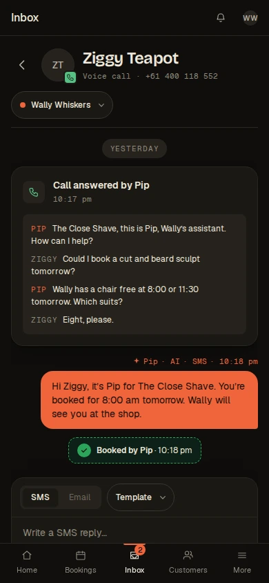 The real Pressly Inbox showing a call handled by Pip