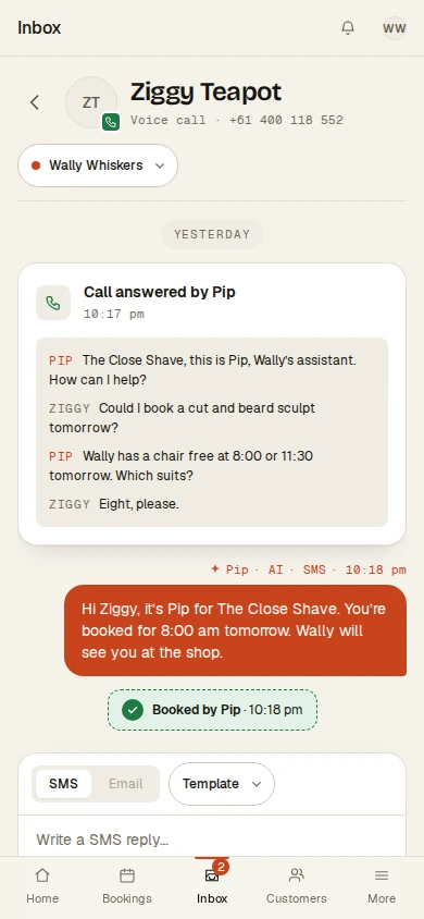 The real Pressly Inbox showing a call handled by Pip