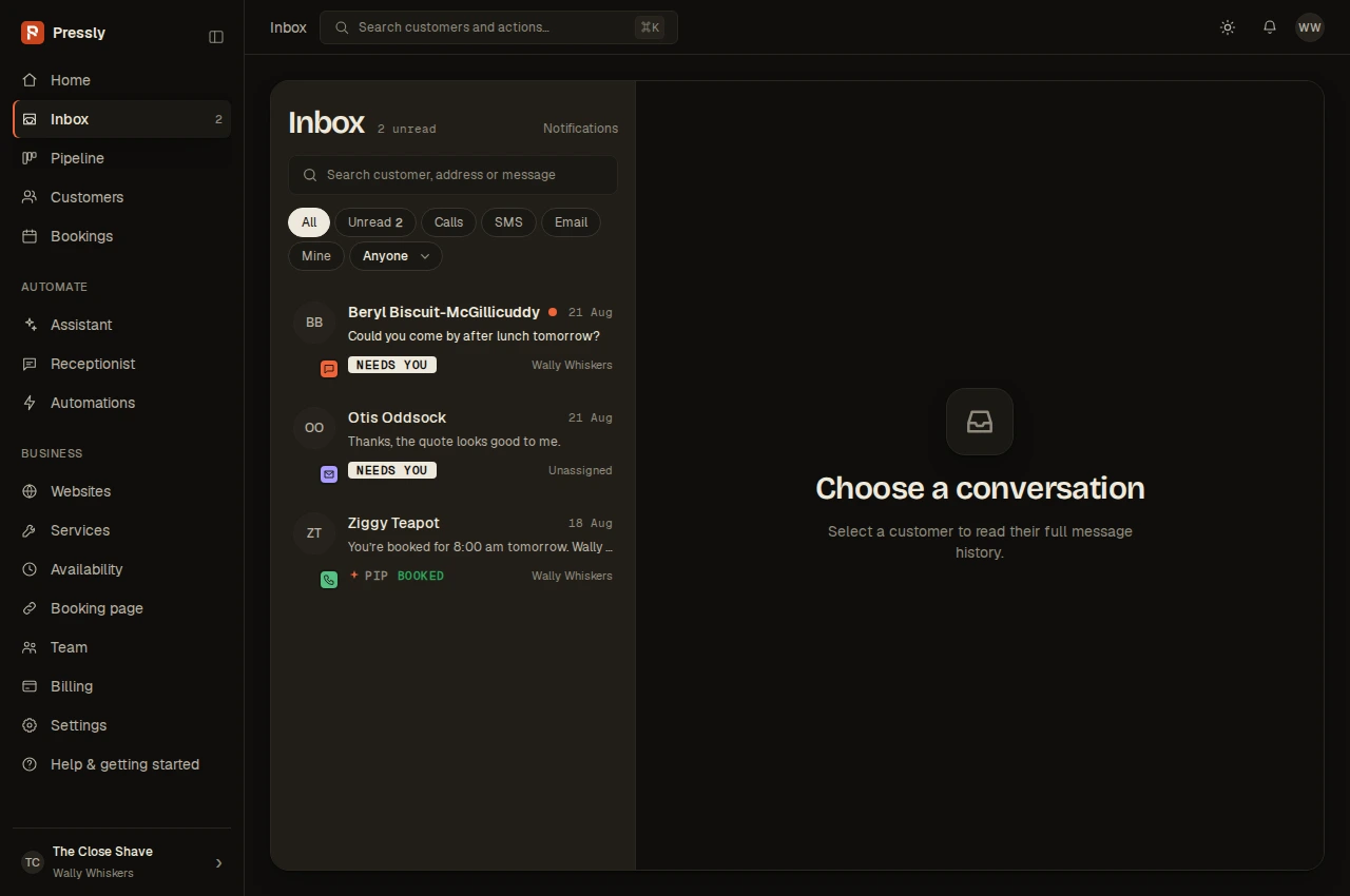 The real Pressly Inbox showing conversations that need a person